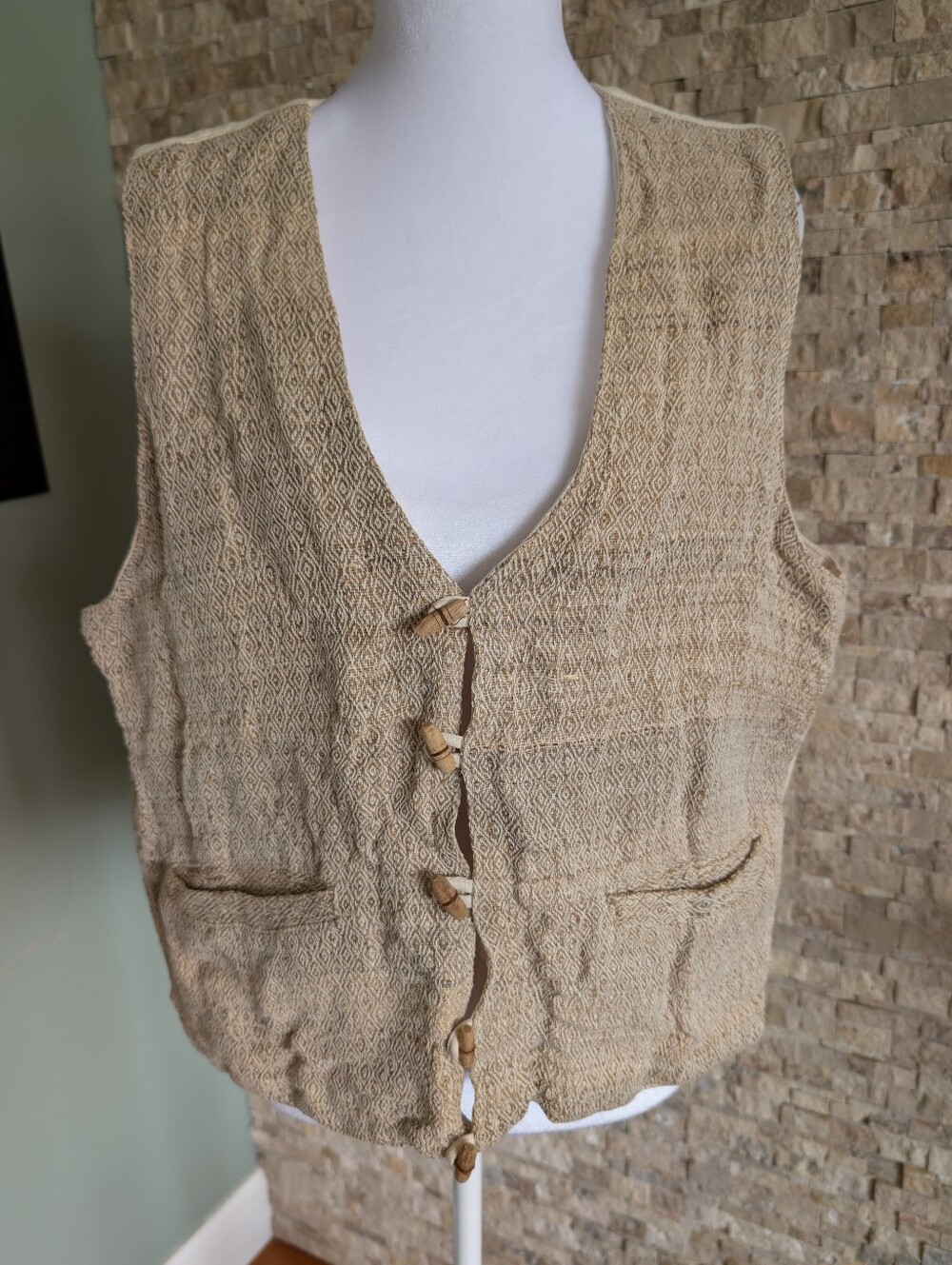 Handwoven Hemp Cotton Tribal Inspired Waistcoat Vest Ikat Neutral Linen Toggle